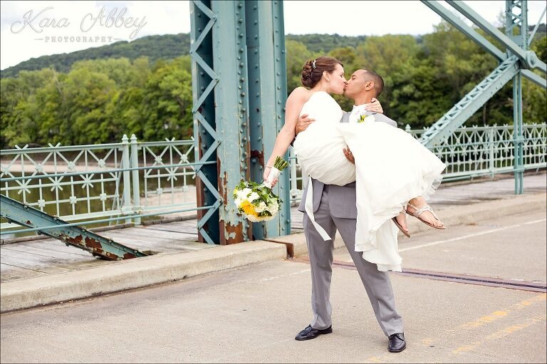 Binghamton, NY, Wedding Photography Confluence Park Formal Portraits Bride Groom Grey Yellow Walking Bridge