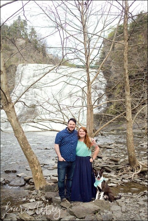 Spring Engagement Photography in Ithaca, NY Waterfall with their dog by Kara Abbey Photography