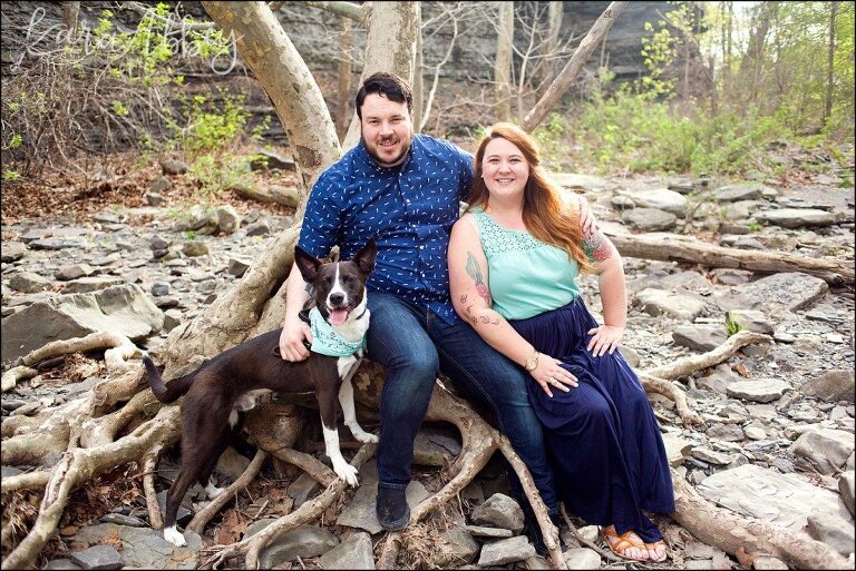 Spring Engagement Photography in Ithaca, NY Waterfall with their dog by Kara Abbey Photography