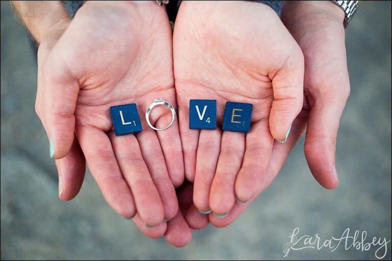 LOVE Scrabble Letters with Engagement Ring by Kara Abbey Photography in Irwin, PA