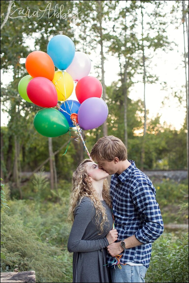 Sweedler Nature Preserve Summer Engagement Pictures with Colorful Balloons as Props by Kara Abbey Photography in Irwin, PA