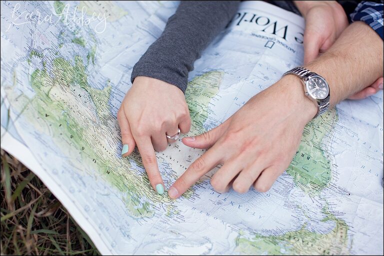Sweedler Nature Preserve Summer Engagement Pictures with World Map as Prop by Kara Abbey Photography in Irwin, PA