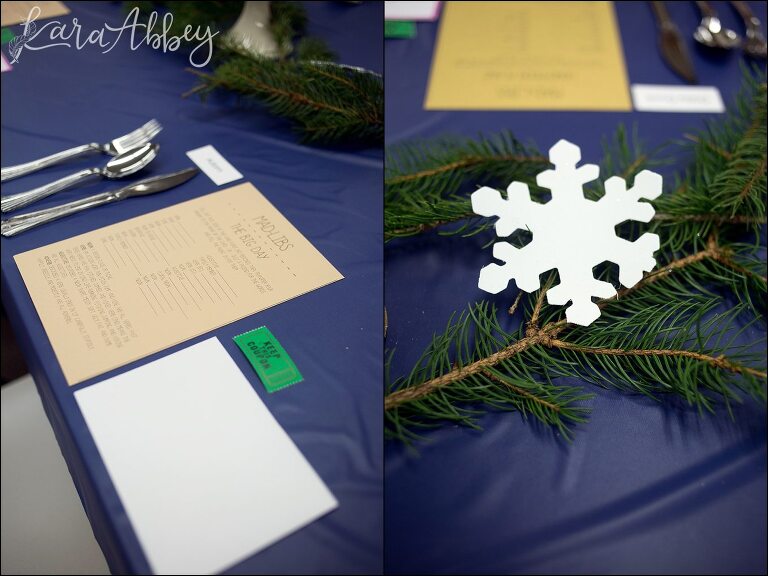 Winter in Paris Themed Bridal Shower - Fresh Pine as a Table Runner, Silver Snowflakes, and Candles - in Irwin, PA