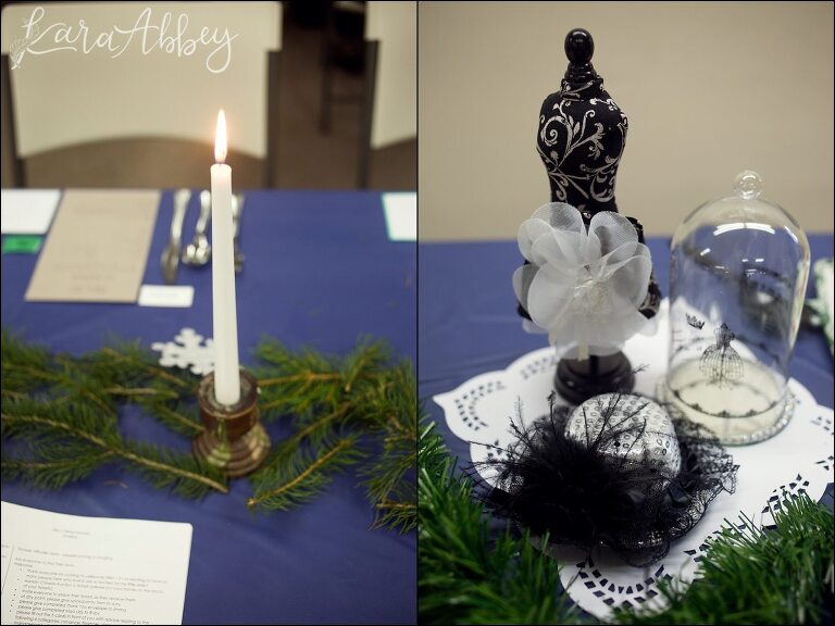 Winter in Paris Themed Bridal Shower - Fresh Pine as a Table Runner, Silver Snowflakes, and Candles - in Irwin, PA