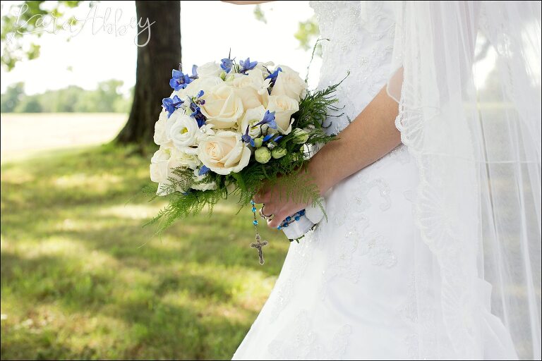 White and Blue Rose Bridal Bouquet with Rosary by Irwin, PA Wedding Photographer