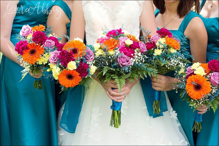 Bright Colorful Pink Orange Teal Gerber Daisy Bouquets by Irwin, PA Wedding Photographer