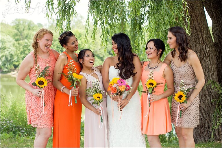 Bride & Bridesmaids, Peach Eclectic Dresses, Sunflower Bouquets by Irwin, PA Wedding Photographer