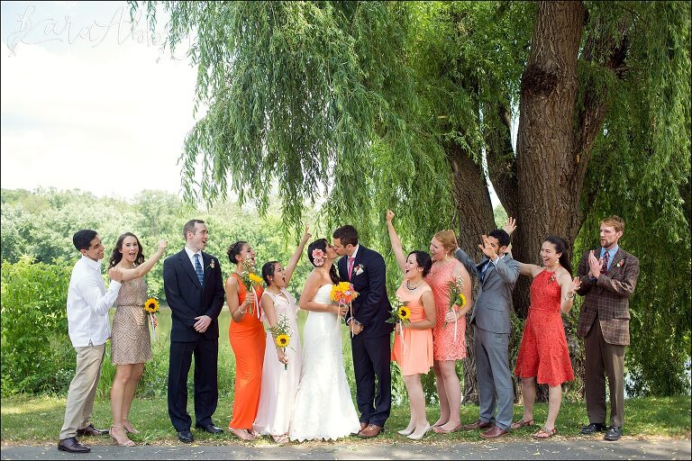 Bridal Party Portrait with Peach Eclectic Attire, Sunflower Bouquets by Irwin, PA Wedding Photographer