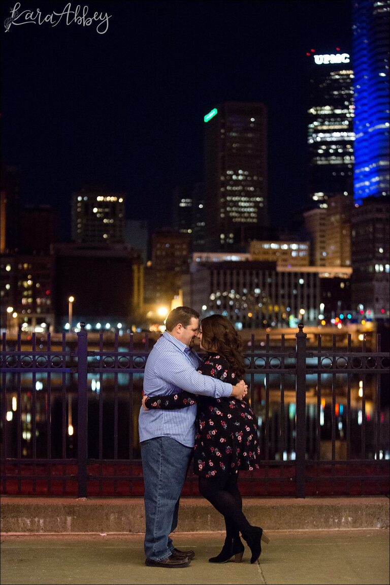 Station Square Engagement Photos at Night by Pittsburgh, PA Wedding Photographer