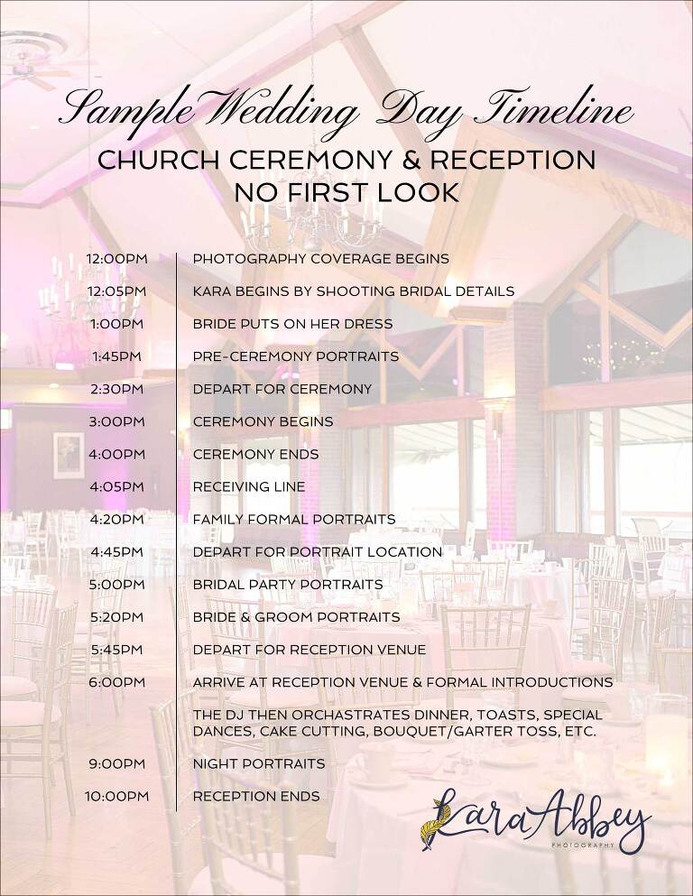 Sample Wedding Day Timeline - Ceremony & Reception in separate locations, No First Look