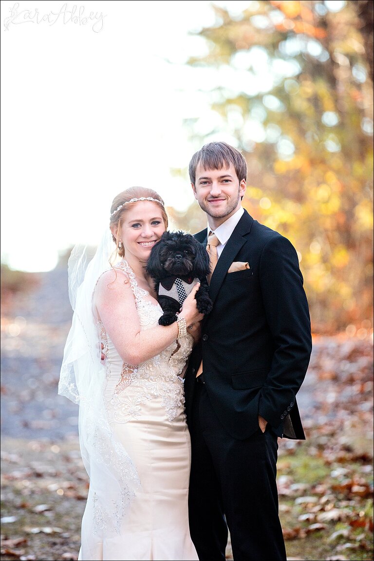 Glowy Fall Wedding Photos of Bride & Groom with Dog at Bushy Run Battlefield in Jeannette, PA