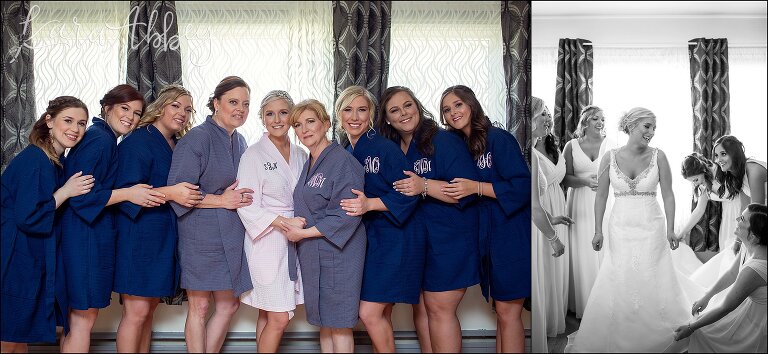 Bride & her bridesmaids in matching monogrammed navy robes