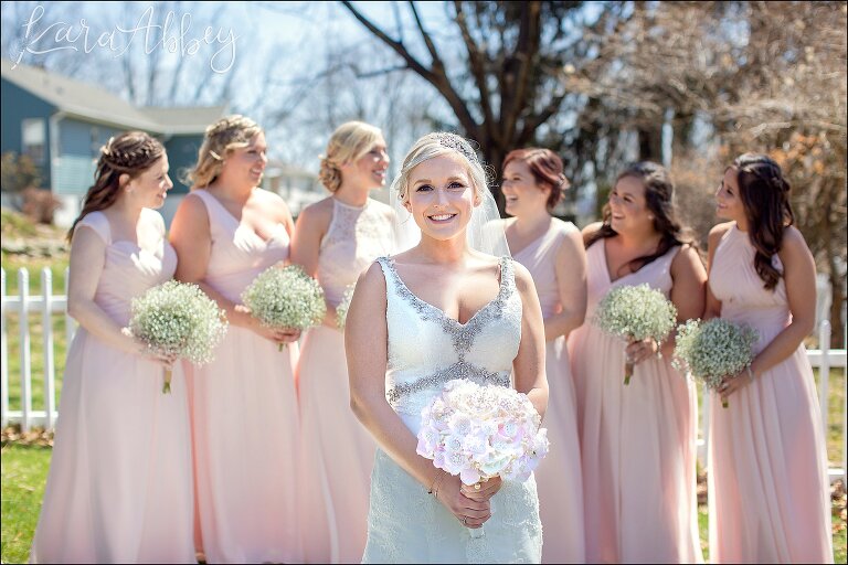 Bridal portrait of bride with bridemaids in the background in blush