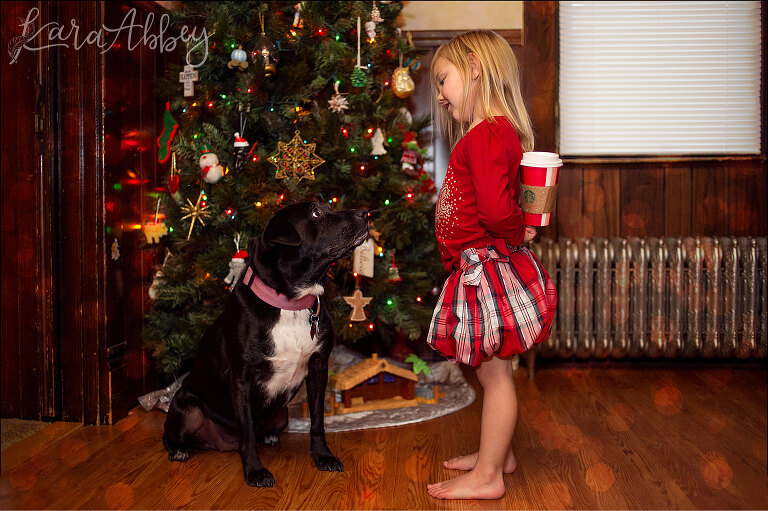 Black Lab & Toddler with Starbucks Red Holiday Cup in Irwin, PA