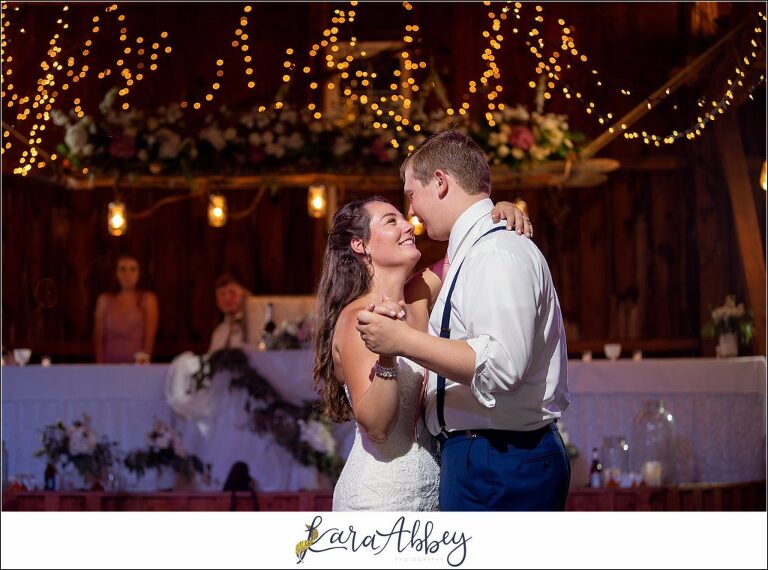 Navy and Pink Summer Outdoor Wedding at the Hayloft in Rockwood, PA Reception in the Barn First Dance
