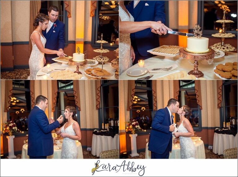 Maroon & Navy Fall Wedding at the Belhurst Castle in Geneva NY - Cutting the Cake