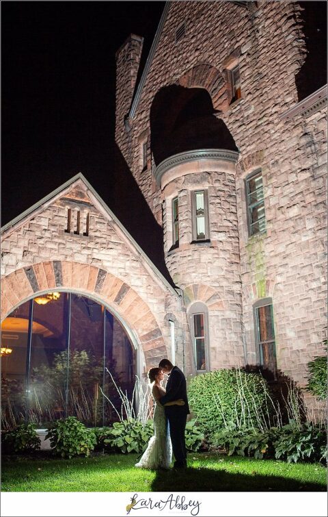 Maroon & Navy Fall Wedding at the Belhurst Castle in Geneva NY - Night Bride & Groom Portrait