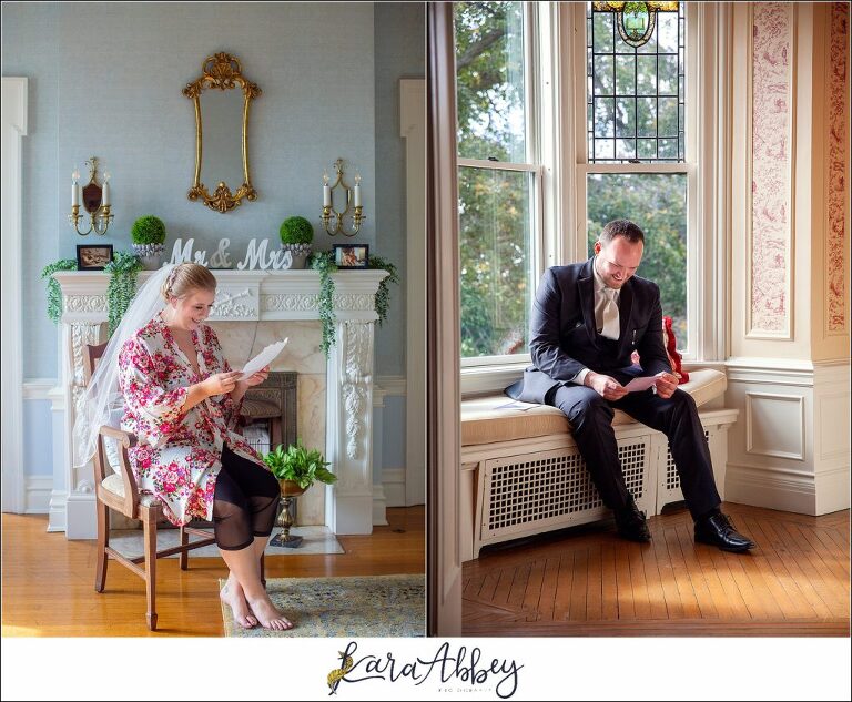 Maroon Fairy Tail Fall Wedding at Linden Hall Mansion in Dawson, PA - Bride & Groom Reading Letters to One Another