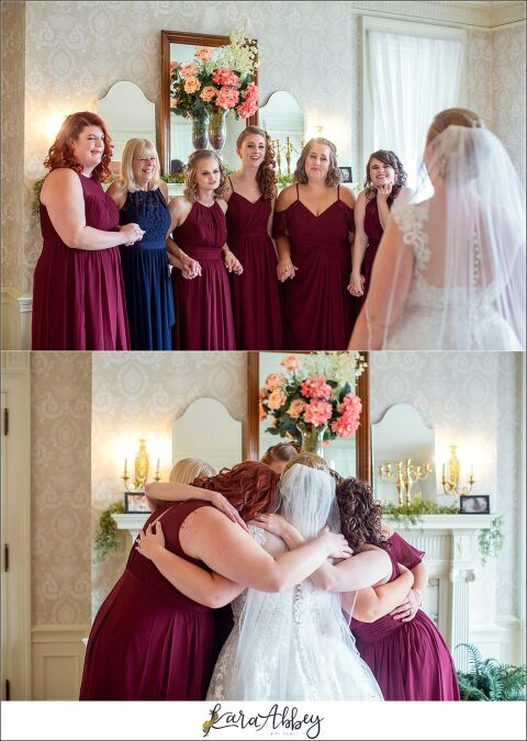 Maroon Fairy Tail Fall Wedding at Linden Hall Mansion in Dawson, PA - First Look with Bridesmaids