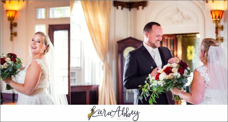 Maroon Fairy Tail Fall Wedding at Linden Hall Mansion in Dawson, PA - First Look Between Bride & Groom