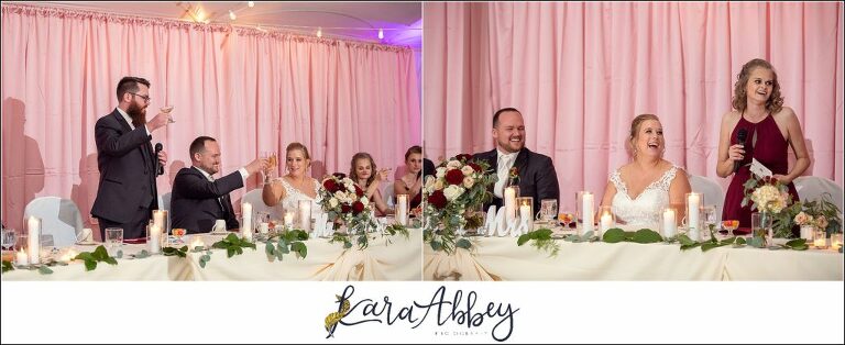 Maroon Fairy Tail Fall Wedding at Linden Hall Mansion in Dawson, PA - Tented Reception Toasts