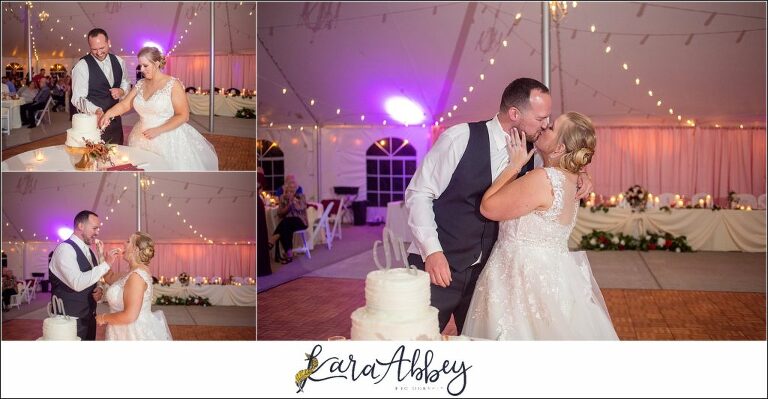 Maroon Fairy Tail Fall Wedding at Linden Hall Mansion in Dawson, PA - Tented Reception Cake Cutting