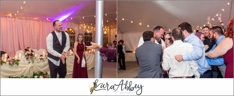 Maroon Fairy Tail Fall Wedding at Linden Hall Mansion in Dawson, PA - Tented Reception Money Dance