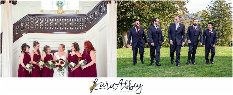 Maroon Fairy Tail Fall Wedding at Linden Hall Mansion in Dawson, PA - Groom & Groomsmen Portraits