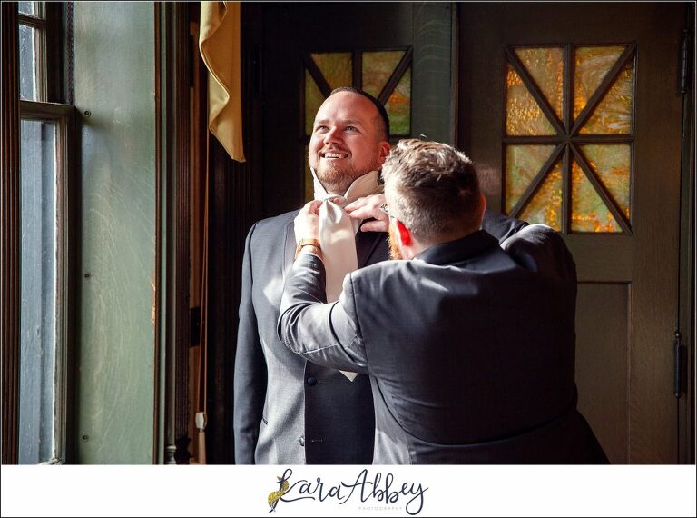 Maroon Fairy Tail Fall Wedding at Linden Hall Mansion in Dawson, PA - Groom Getting Ready