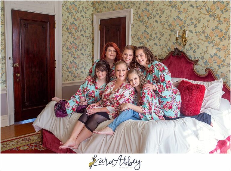 Maroon Fairy Tail Fall Wedding at Linden Hall Mansion in Dawson, PA - Bride & Bridesmaids in Colorful Robes