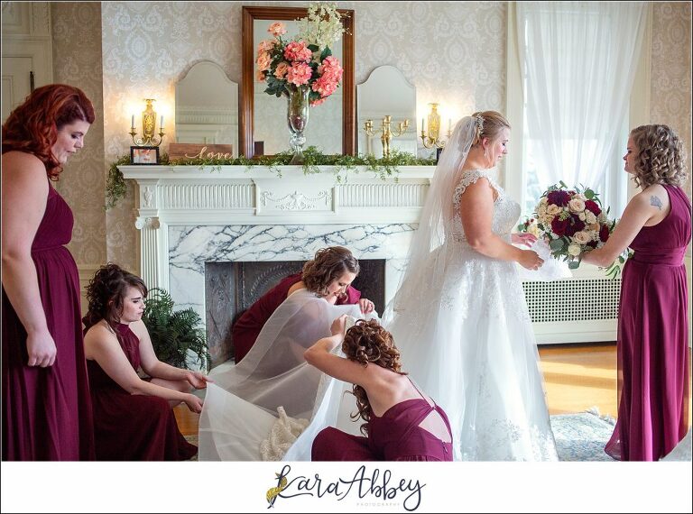 Maroon Fairy Tail Fall Wedding at Linden Hall Mansion in Dawson, PA - Bride Getting Ready