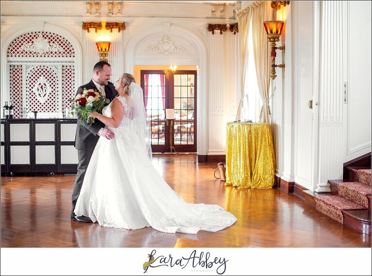 Maroon Fairy Tail Fall Wedding at Linden Hall Mansion in Dawson, PA - First Look Between Bride & Groom