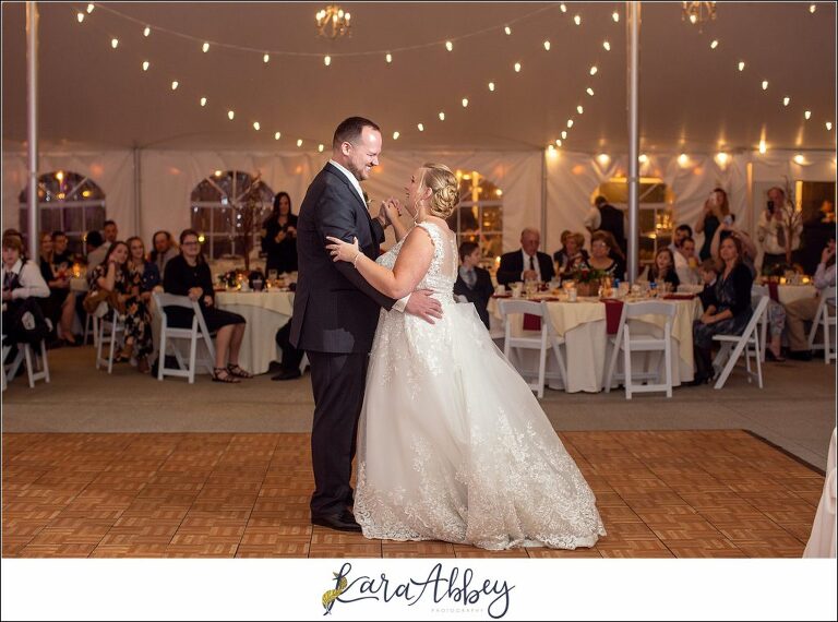 Maroon Fairy Tail Fall Wedding at Linden Hall Mansion in Dawson, PA - Tented Reception First Dance