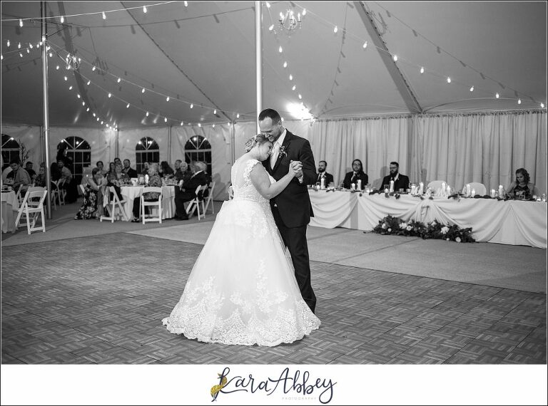 Maroon Fairy Tail Fall Wedding at Linden Hall Mansion in Dawson, PA - Tented Reception First Dance