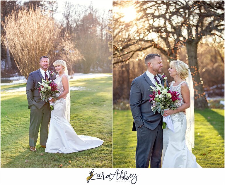 Purple & Grey Fall Wedding Pictures at Green Gables Jennerstown PA - Bride & Groom Newlywed Portraits at Golden Hour on the Lawn