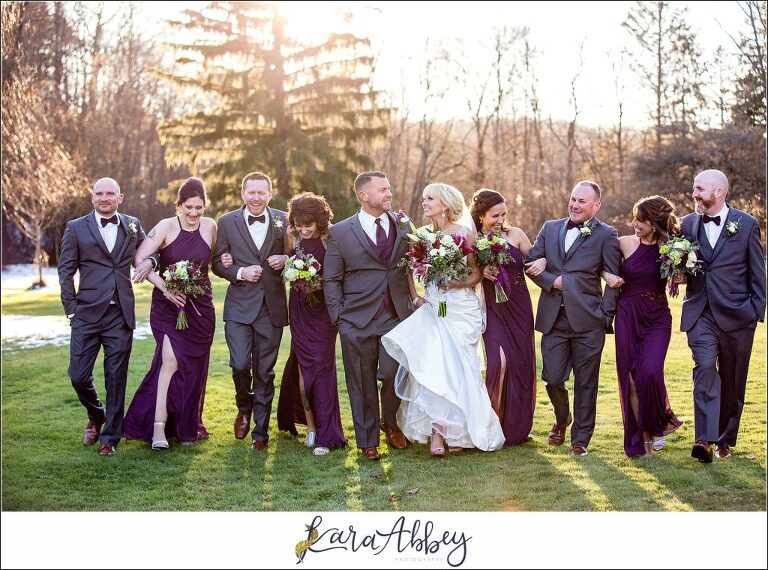 Purple & Grey Fall Wedding Pictures at Green Gables Jennerstown PA - Bridal Party Portraits at Golden Hour on the Lawn