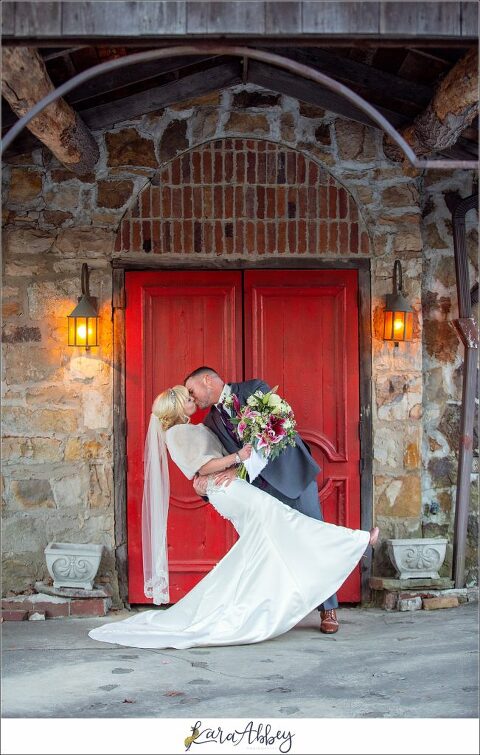 Purple & Grey Fall Wedding Pictures at Green Gables Jennerstown PA - Bride & Groom Newlywed Portraits at in front of the Mountain Playhouse Red Doors