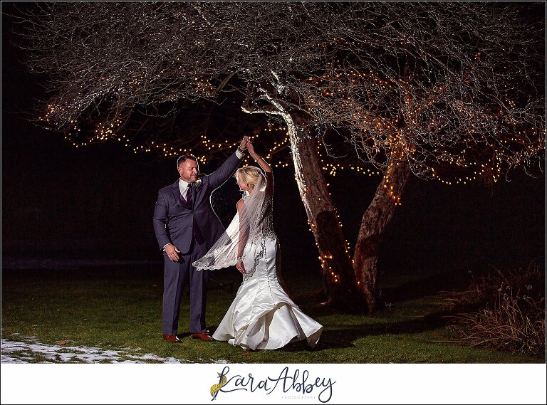 Purple & Grey Fall Wedding Pictures at Green Gables Jennerstown PA - Bride & Groom Portraits Under the Twinkly Lights Tree