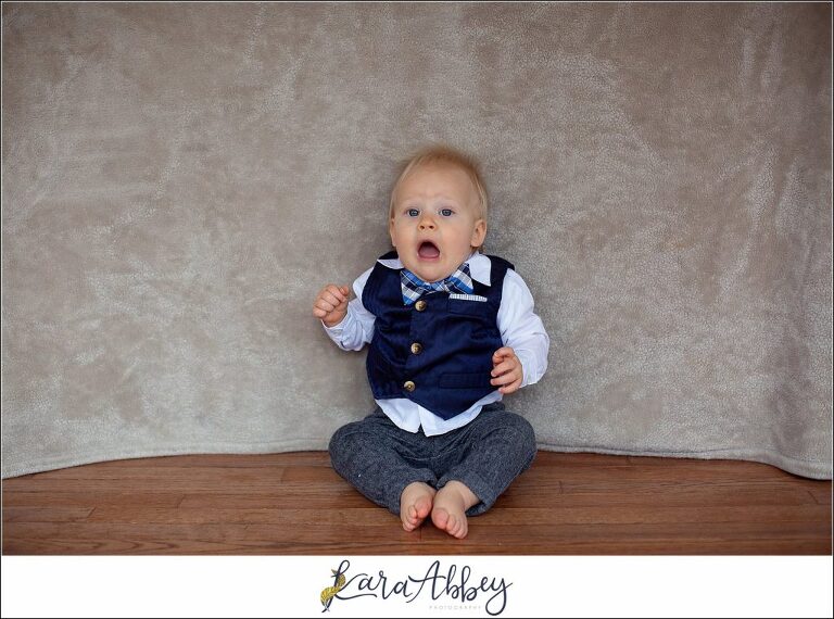 Leander Roxas 12 Month Old Milestone Photos in Irwin, PA - 1 Year Old Portraits in a Navy Vest & Bowtie