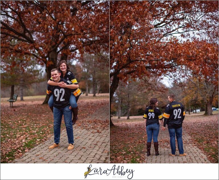Late Fall Engagement Session at Mammoth Park in Greensburg PA in Steelers Jerseys