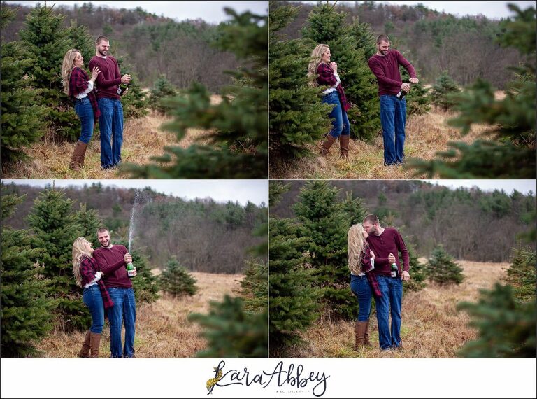 Cold Rainy Engagement Session on Family Christmas Tree Farm in Pennsylvania - Champagne Pop - by Kara Abbey Photography