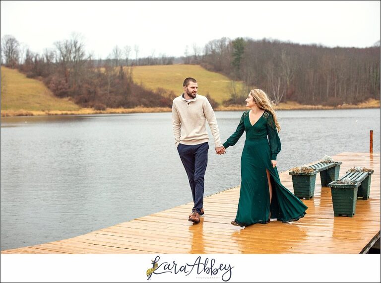 Cold Rainy Engagement Session on Family Property along a Lake in Pennsylvania by Kara Abbey Photography