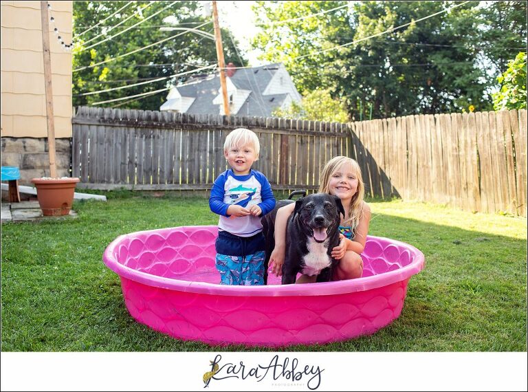 Black Lab in the Kiddie Pool with Two Kids in Irwin PA