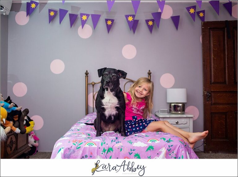 Abbys Saturday Black Lab and Little Girl on New Bed in Irwin PA