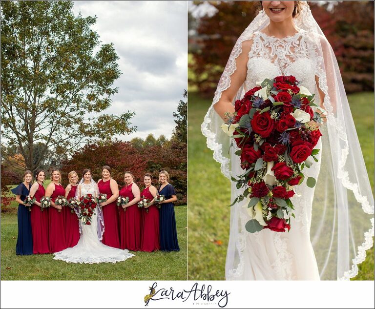 Burgundy & Navy Fall Wedding in Johnstown, PA - Bride & Groom & Bridal Party Portraits at Sandyville Memorial Gardens