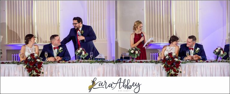 Burgundy & Navy Fall Wedding in Johnstown, PA - Reception at The Johnstown Masonic Temple Toasts