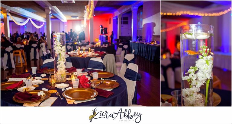 Burgundy & Navy Fall Wedding in Johnstown, PA - Reception at The Johnstown Masonic Temple - Centerpieces with Fish in them