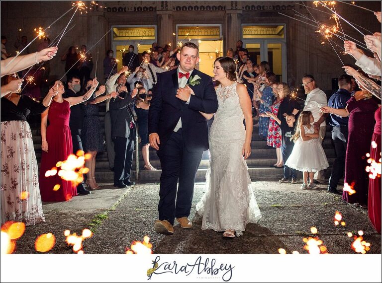 Burgundy & Navy Fall Wedding in Johnstown, PA - Reception at The Johnstown Masonic Temple - Sparkler Exit