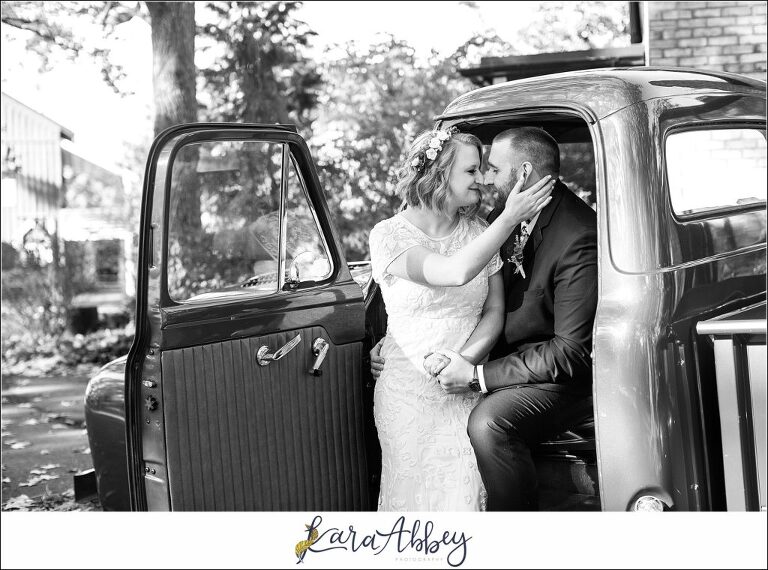 Fall Wedding at Succop Nature Park in Butler, PA Bride & Groom Portraits Post-Ceremony with Antique Truck