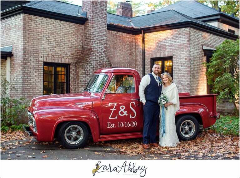 Fall Wedding at Succop Nature Park in Butler, PA Bride & Groom Portraits Post-Ceremony with Antique Truck